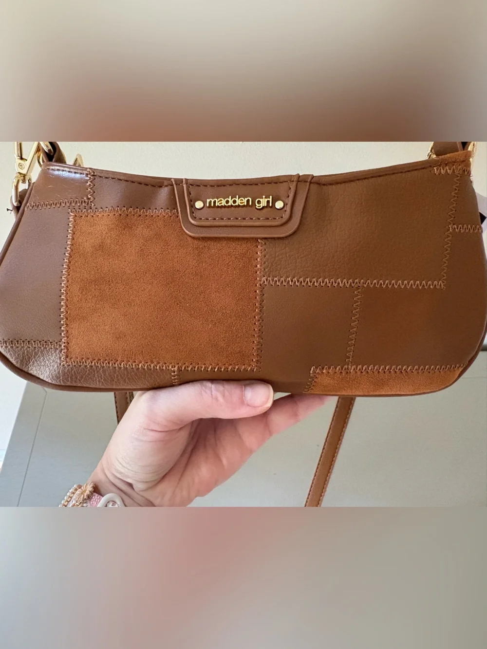 Madden Girl Cognac Patchwork Shoulder Bag with Gold Charm